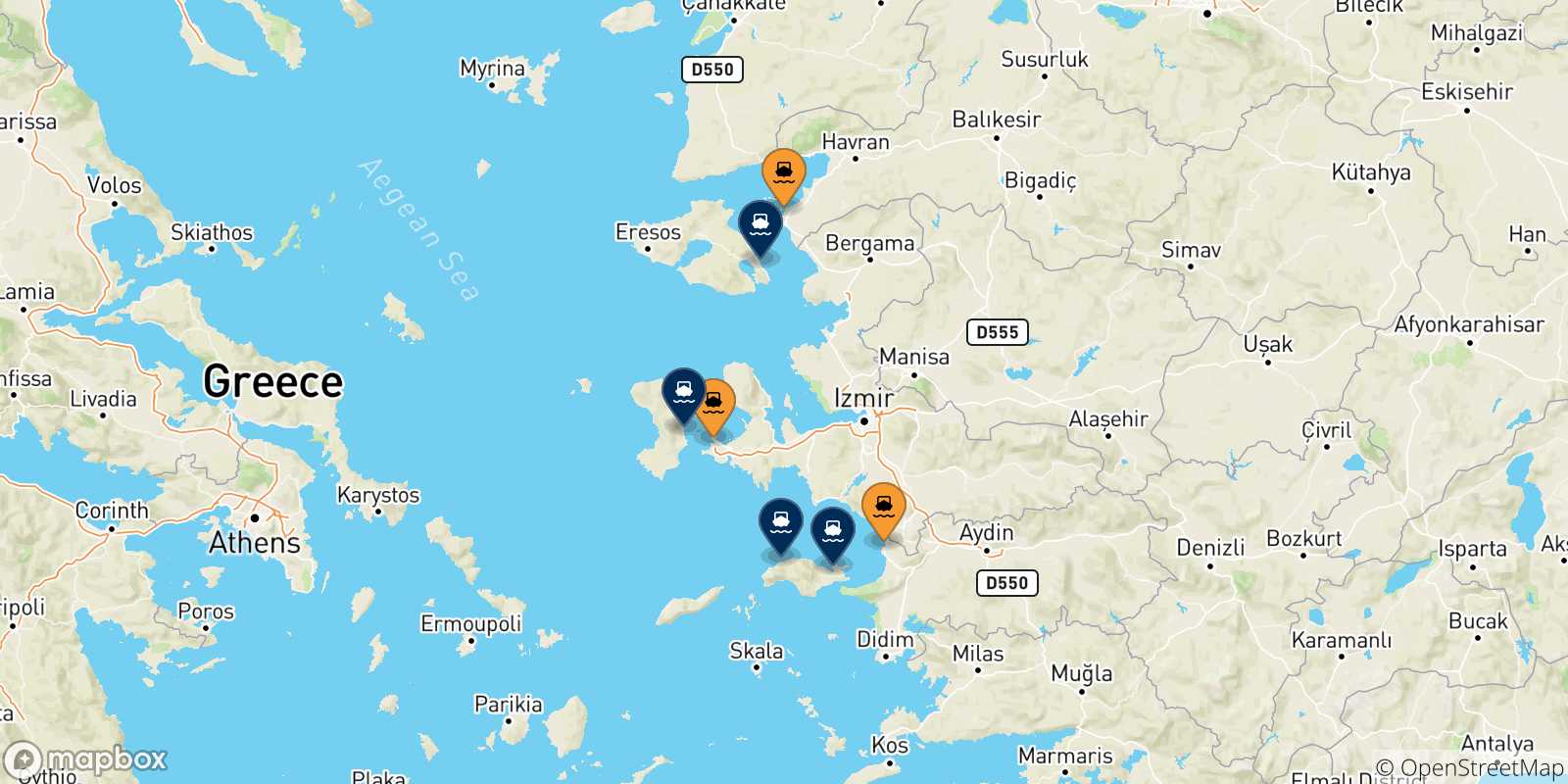 Mappa delle possibili rotte tra la Turchia e le Isole Egeo Nord Orientale