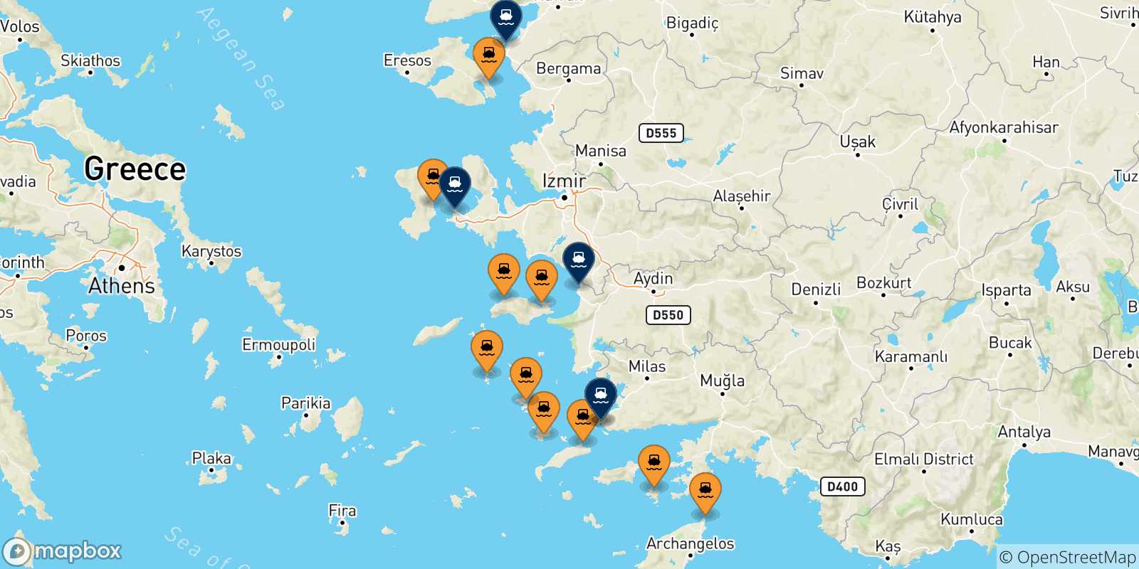 Mappa delle possibili rotte tra la Grecia e la Turchia