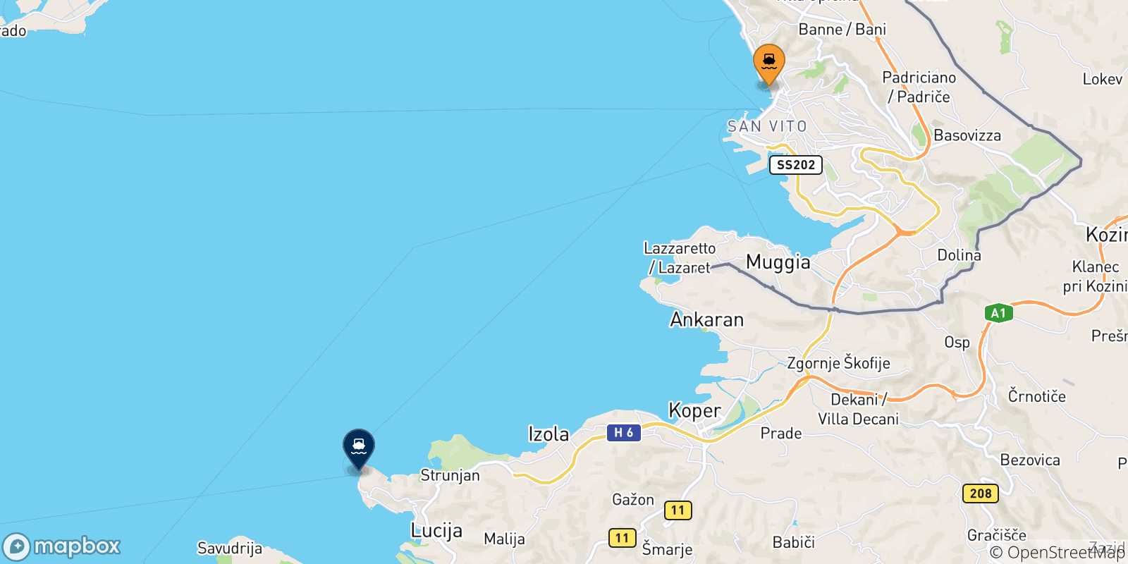 Mappa delle possibili rotte tra Trieste e la Slovenia