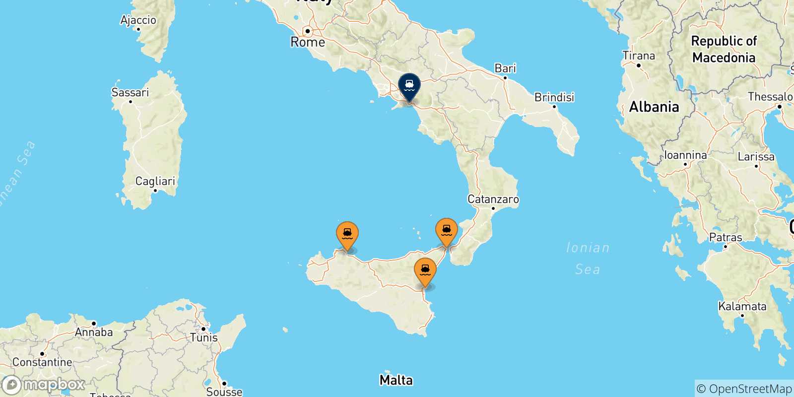 Mappa delle possibili rotte tra la Sicilia e Salerno