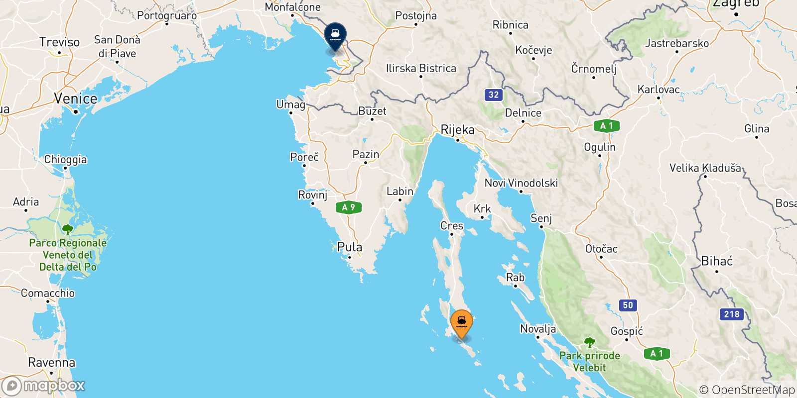 Mappa delle possibili rotte tra Lussinpiccolo e l'Italia
