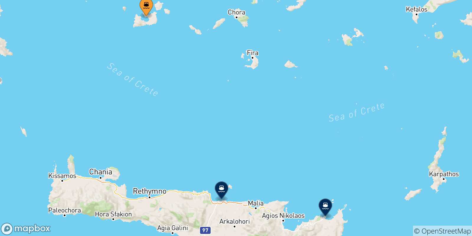 Mappa delle possibili rotte tra Milos e Creta
