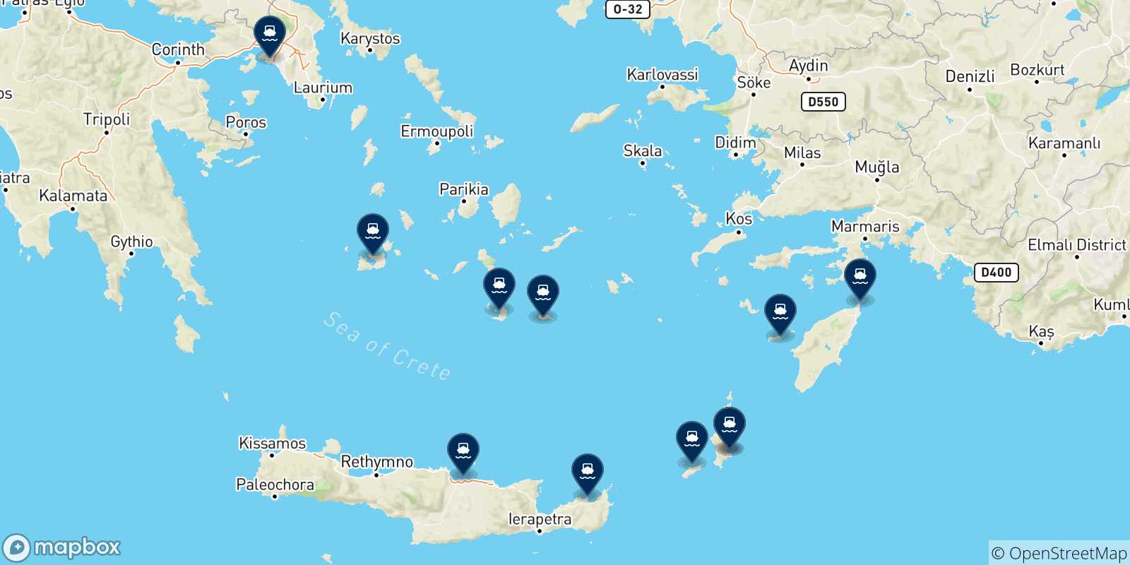Mappa delle possibili rotte tra Diafani (Karpathos) e la Grecia
