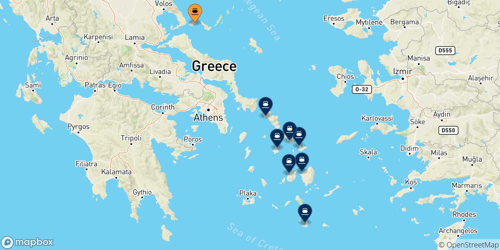 Mappa delle possibili rotte tra le Isole Sporadi e le Isole Cicladi