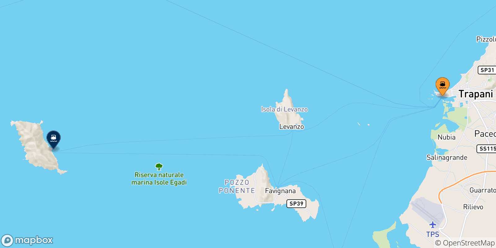 Mappa delle possibili rotte tra la Sicilia e Marettimo