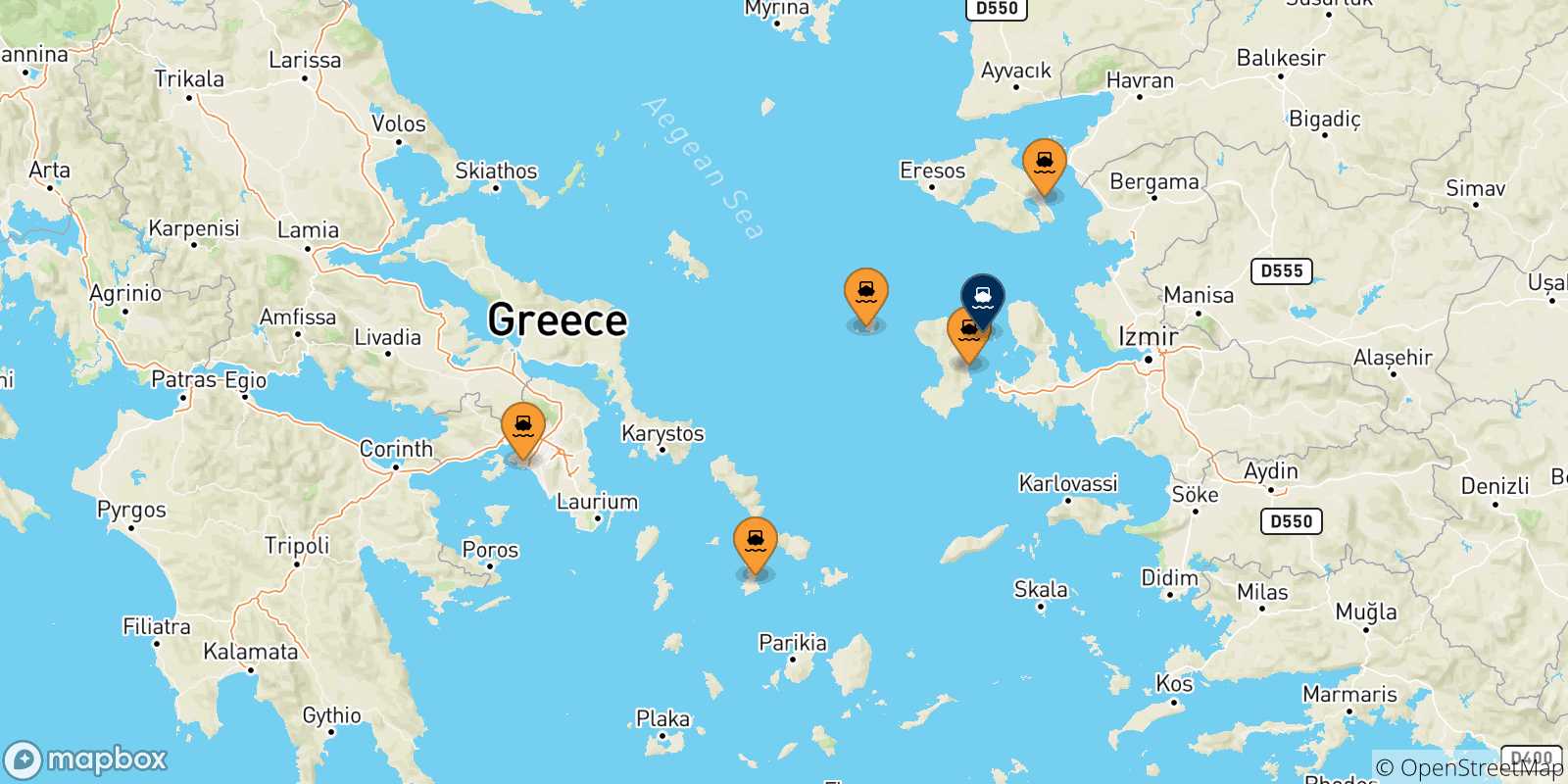 Mappa delle possibili rotte tra la Grecia e Inousses