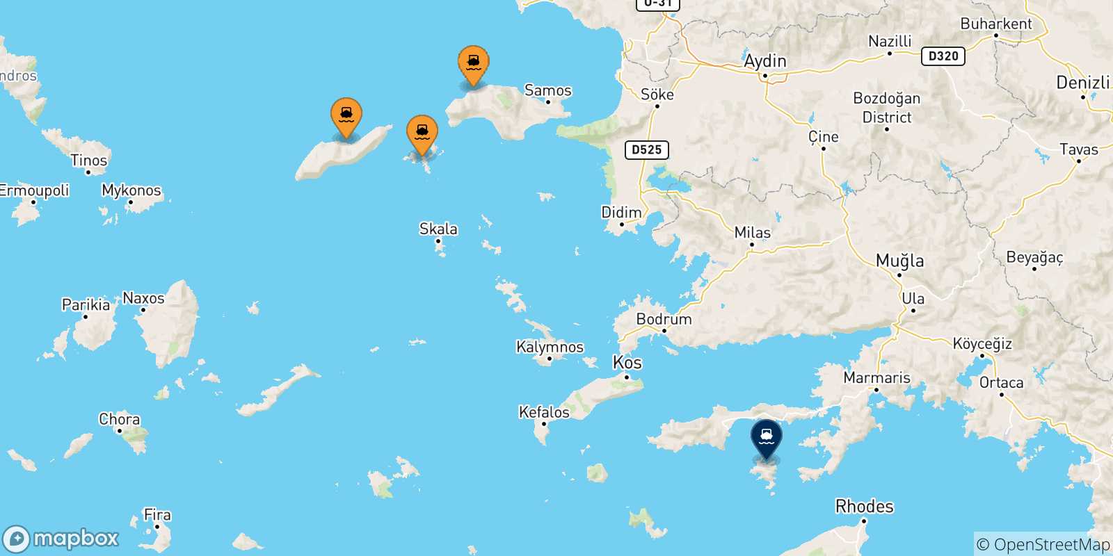 Mappa delle possibili rotte tra le Isole Egeo Nord Orientale e Symi