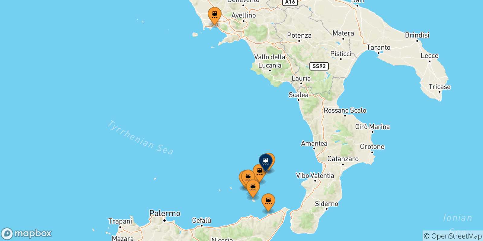 Mappa delle possibili rotte tra l'Italia e Ginostra (Stromboli)