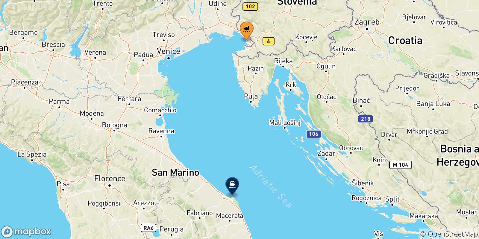 Mappa delle possibili rotte tra Trieste e l'Italia