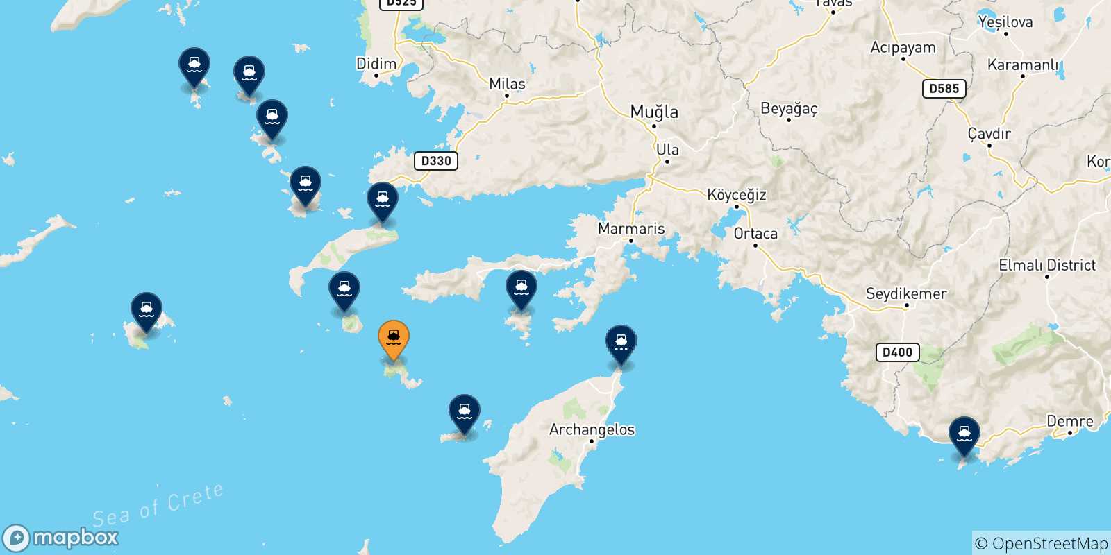 Mappa delle possibili rotte tra Tilos e le Isole Dodecaneso