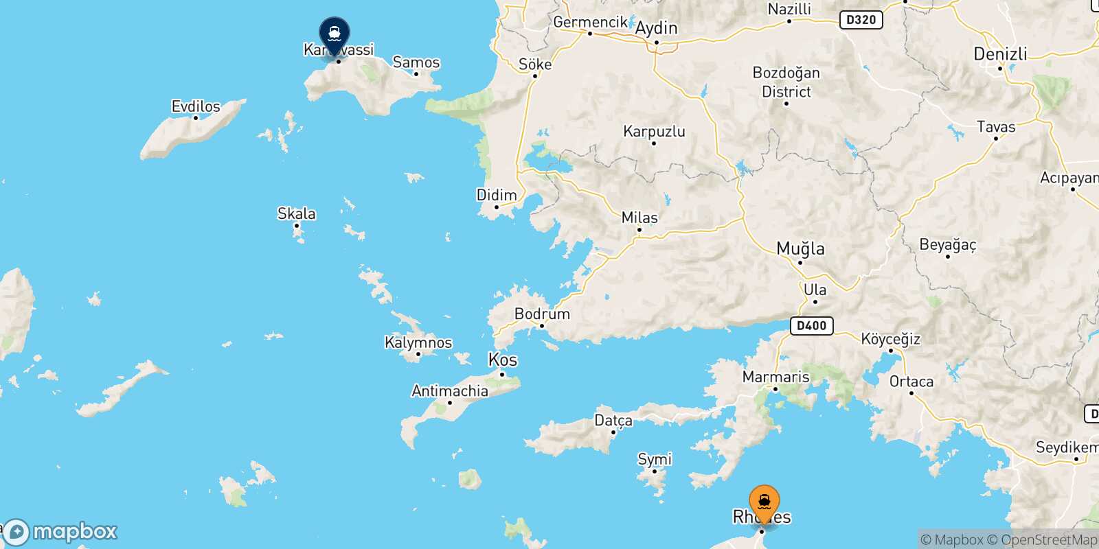 Mappa della rotta Rodi Pythagorio (Samos)