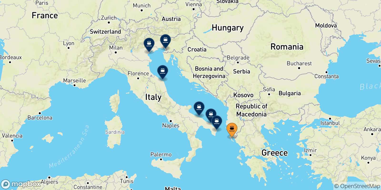 Mappa delle possibili rotte tra Corfu e l'Italia
