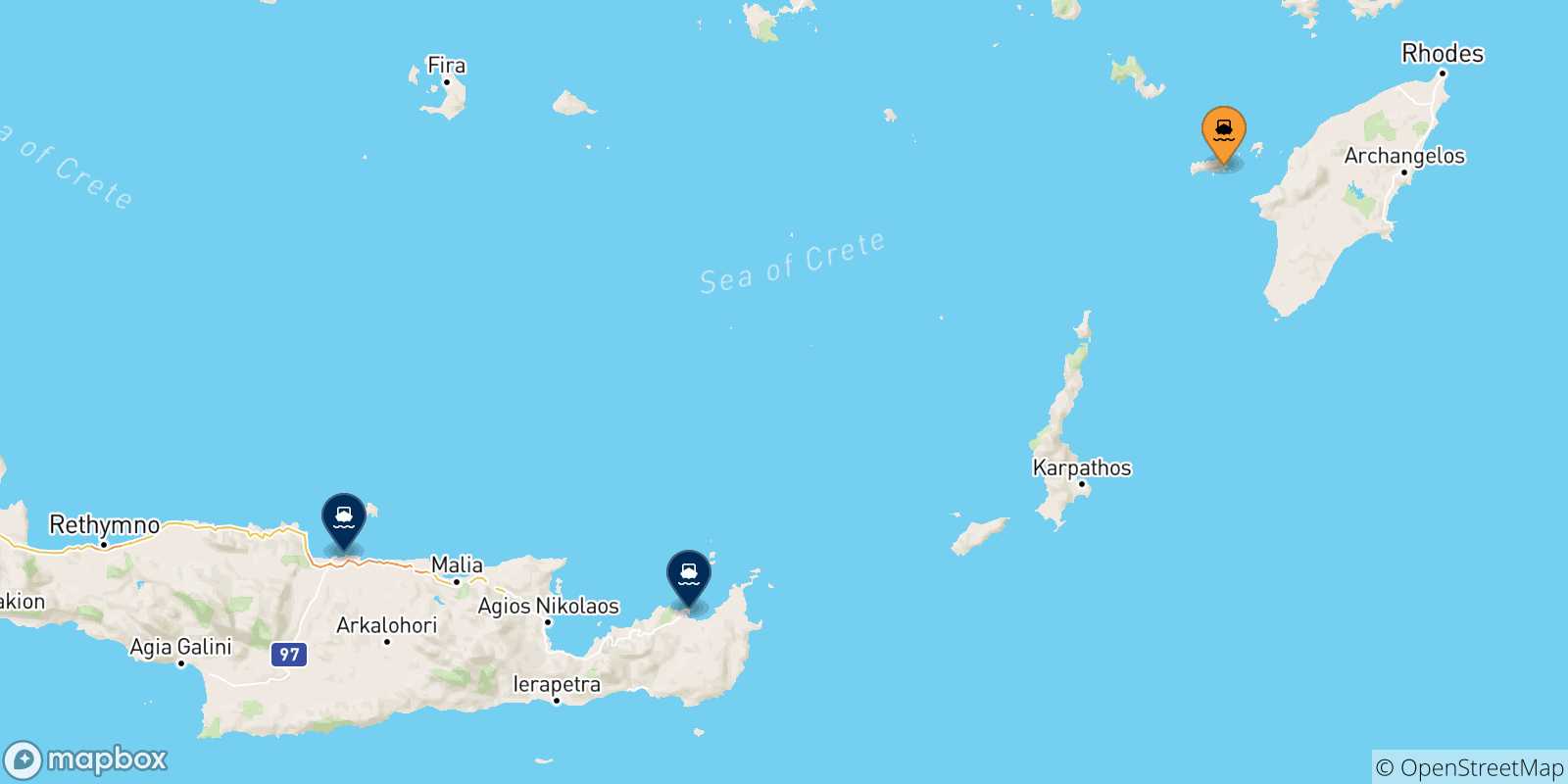 Mappa delle possibili rotte tra Chalki e Creta