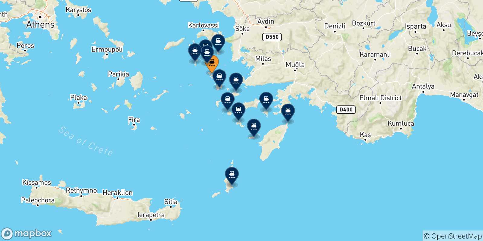 Mappa delle possibili rotte tra Leros e le Isole Dodecaneso