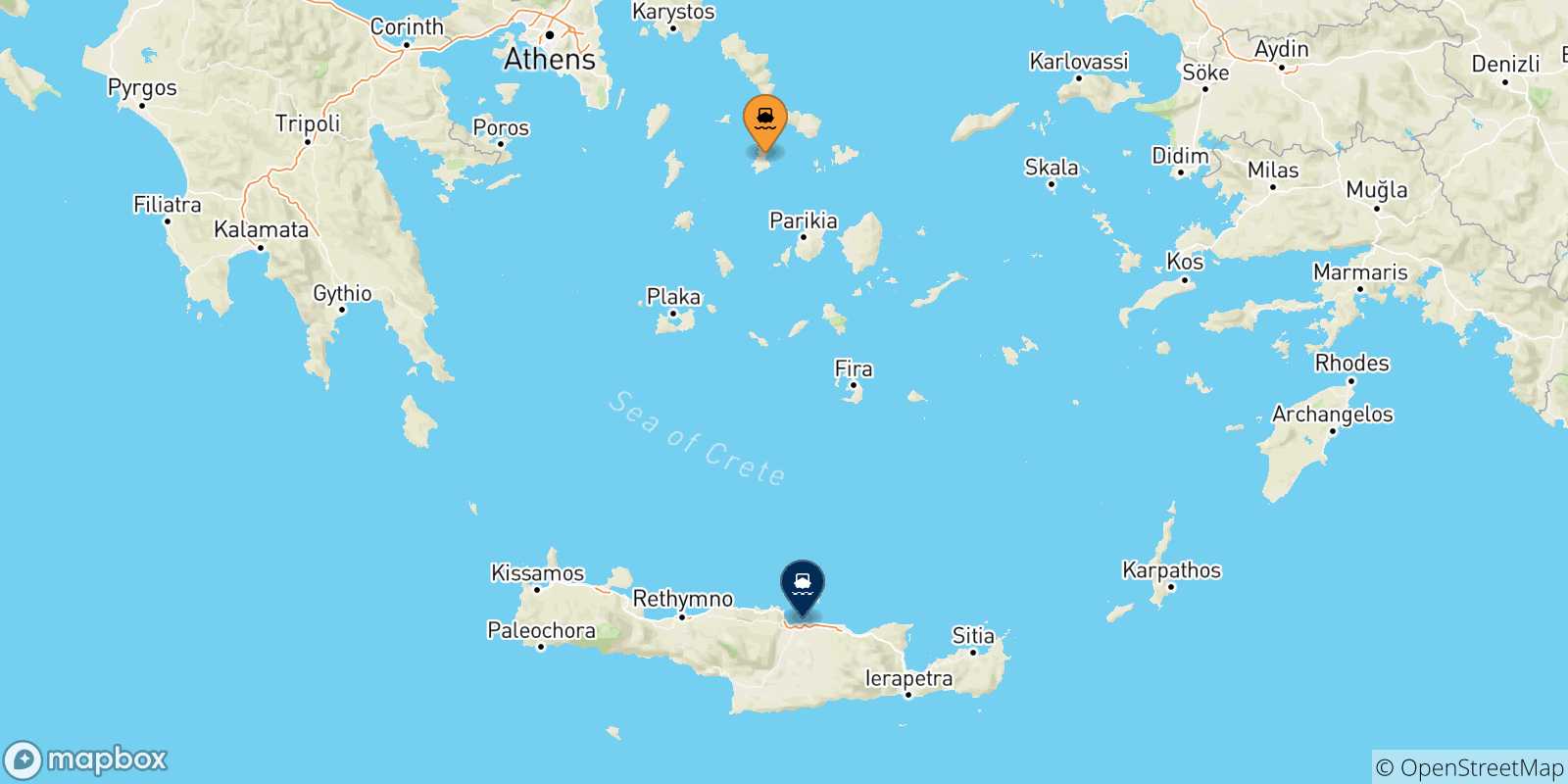 Mappa delle possibili rotte tra Syros e Creta