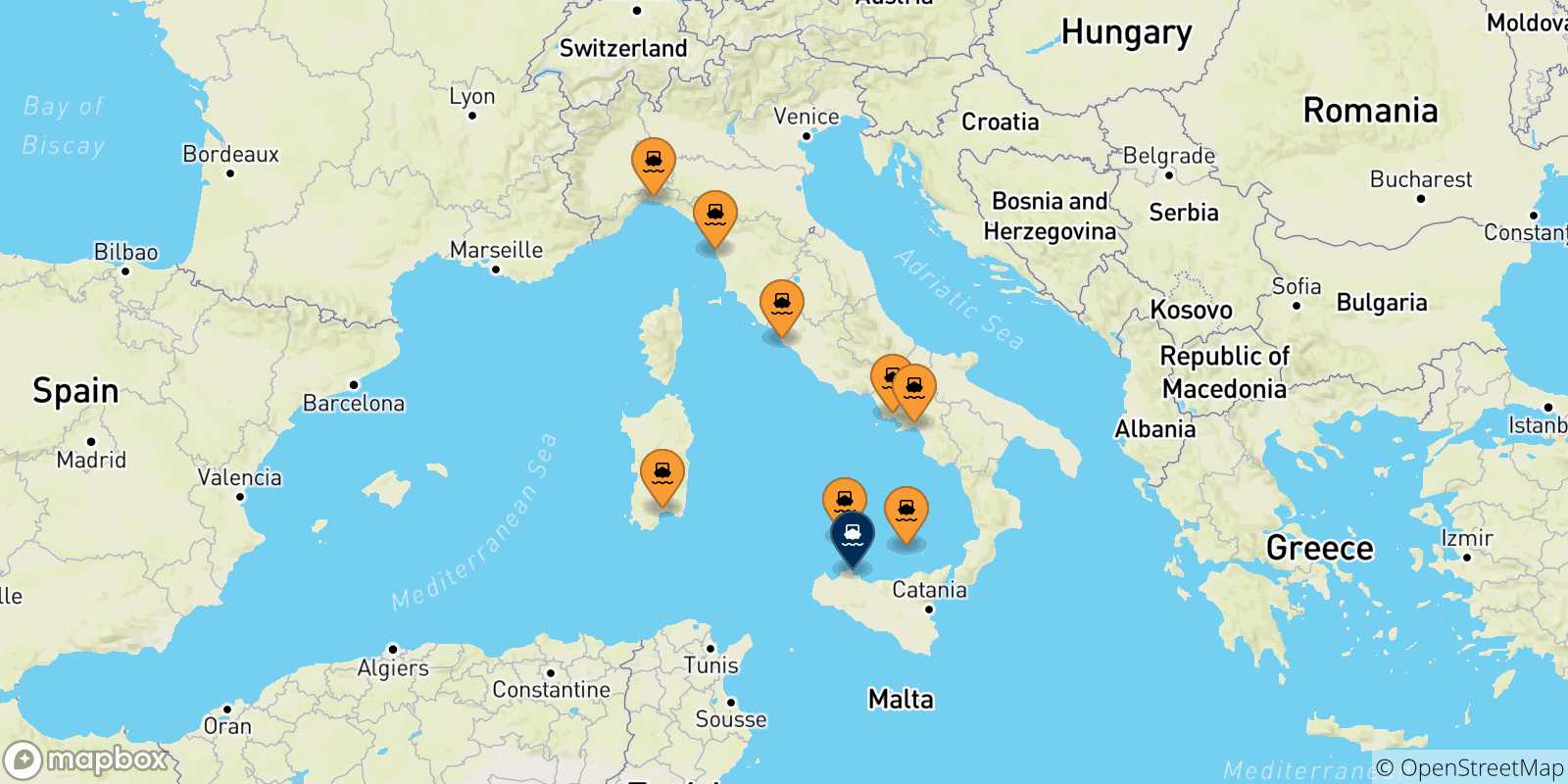 Mappa delle possibili rotte tra l'Italia e Palermo