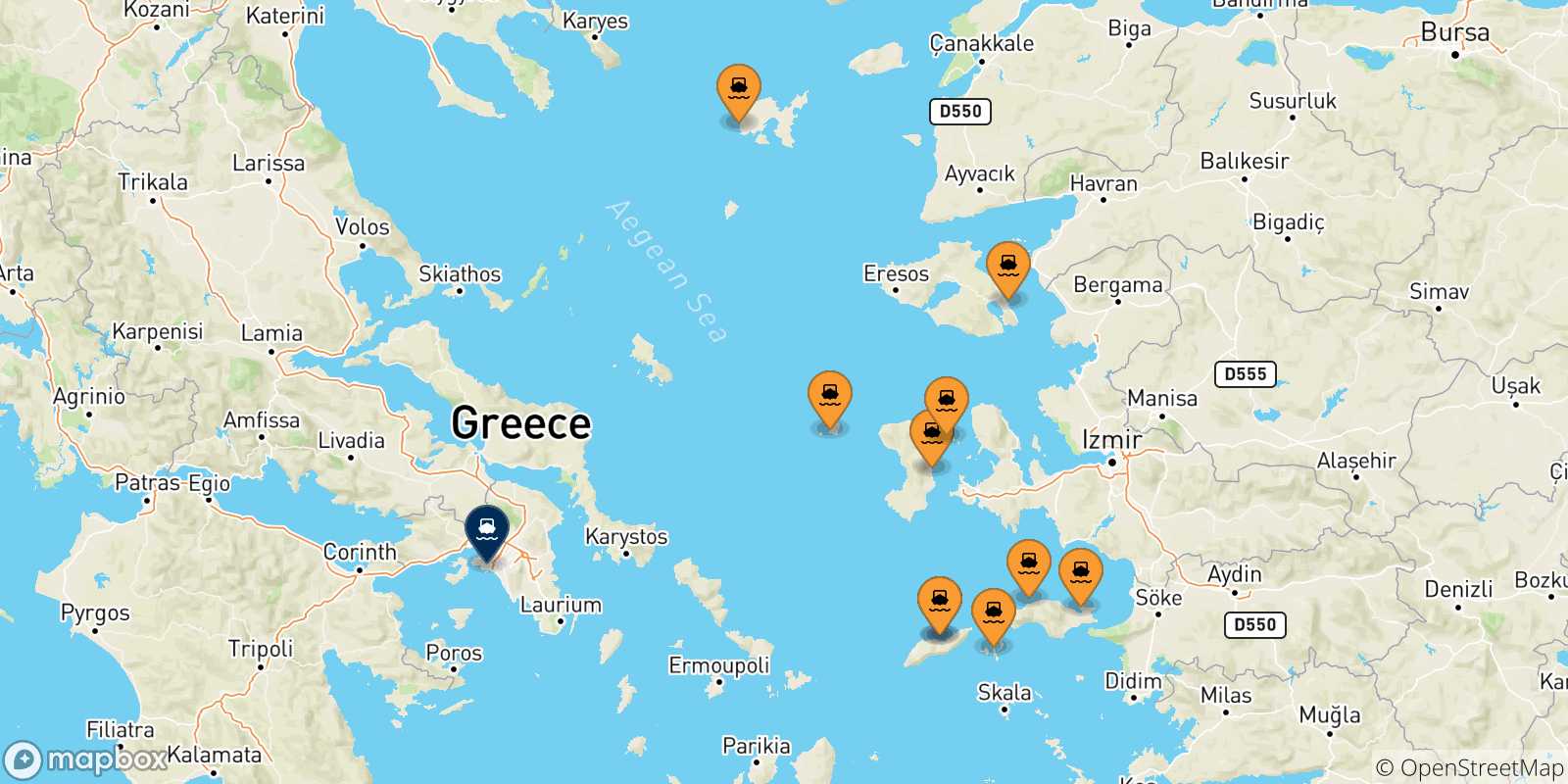Mappa delle possibili rotte tra le Isole Egeo Nord Orientale e Pireo