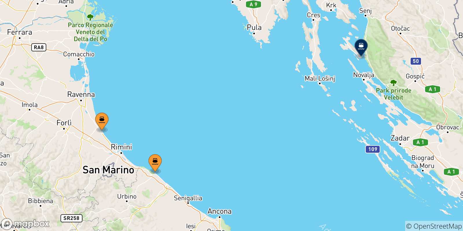 Mappa delle possibili rotte tra l'Italia e Rab