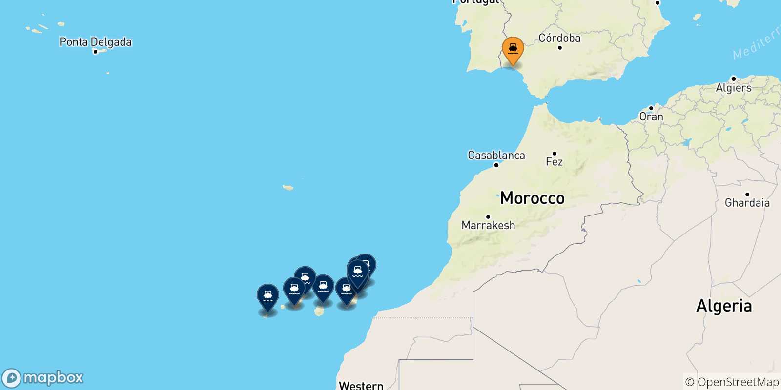 Mappa dei porti collegati con le Isole Canarie