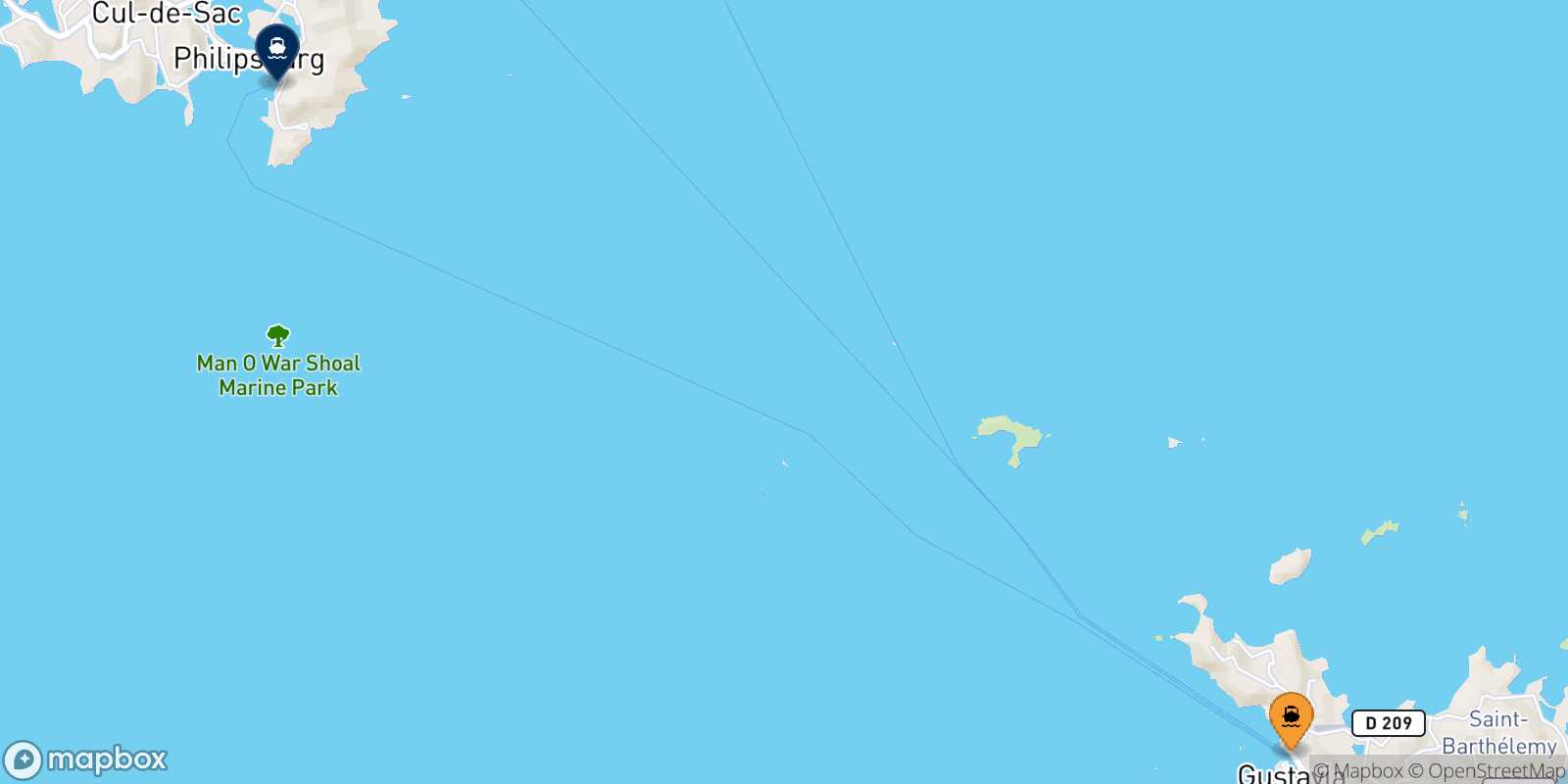 Mappa delle destinazioni raggiungibili da Gustavia (St Barth)