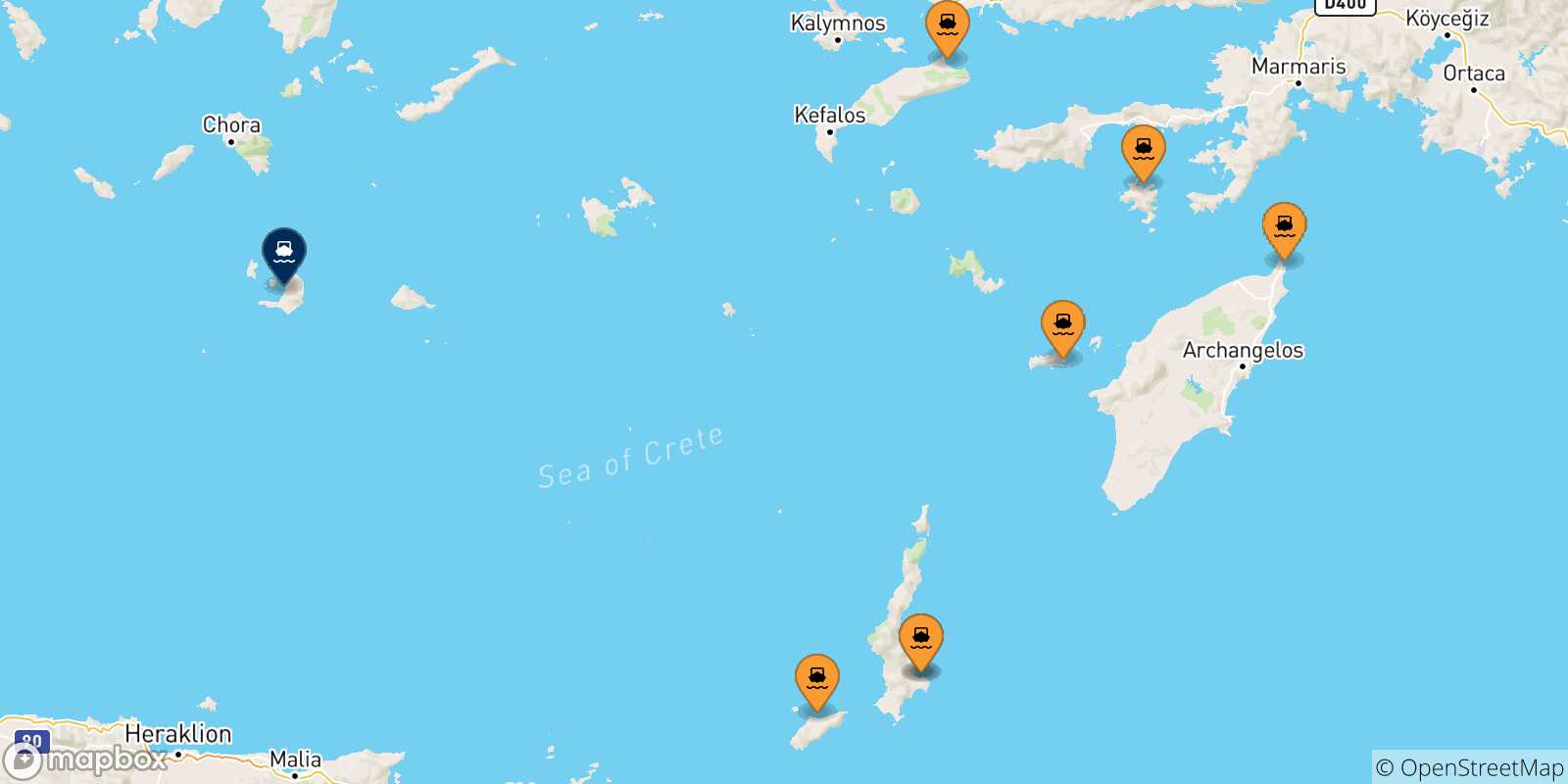 Mappa delle possibili rotte tra le Isole Dodecaneso e Santorini