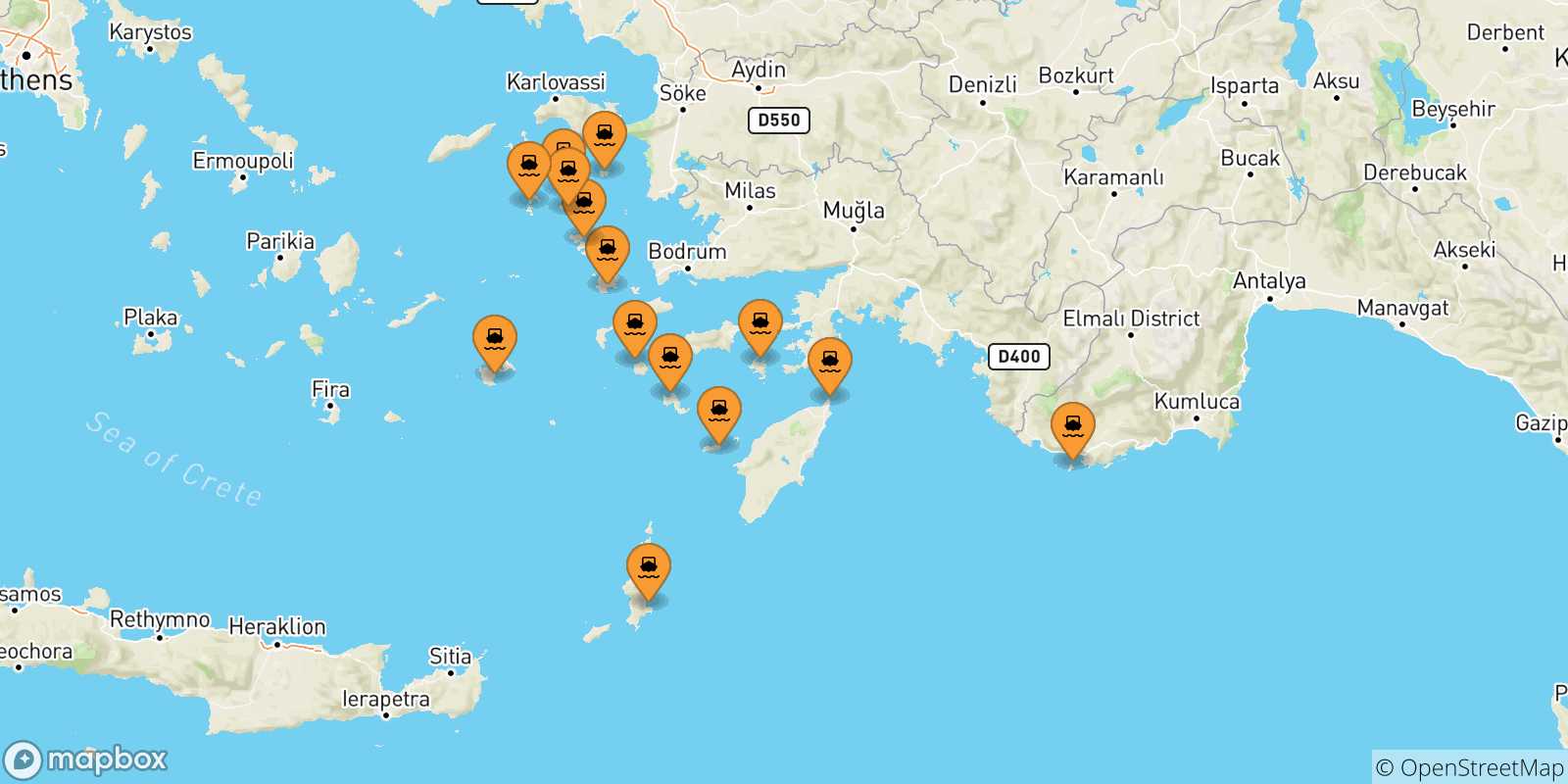 Mappa delle possibili rotte tra le Isole Dodecaneso e Kos