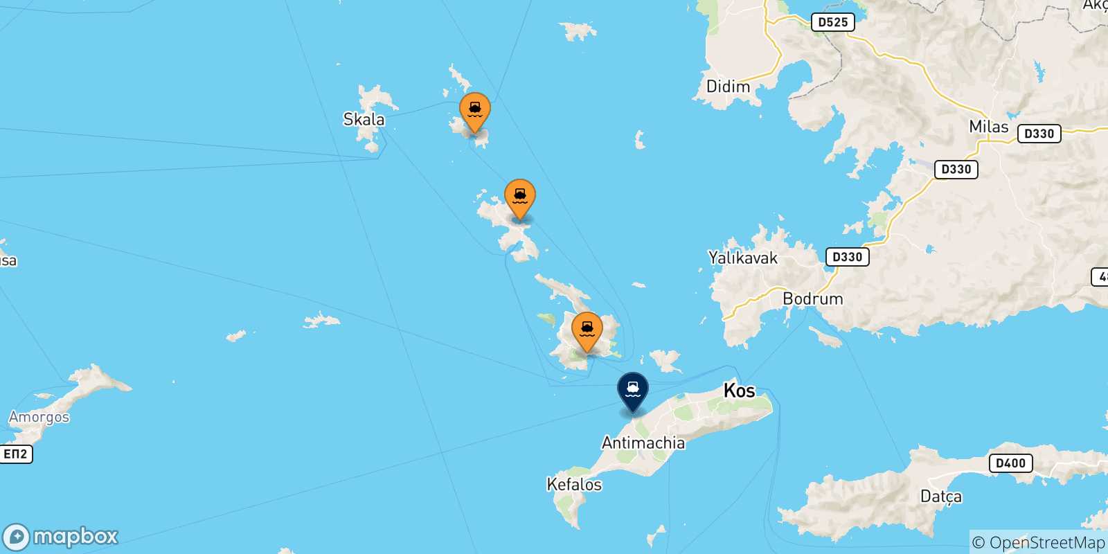 Mappa delle possibili rotte tra la Grecia e Mastihari (Kos)