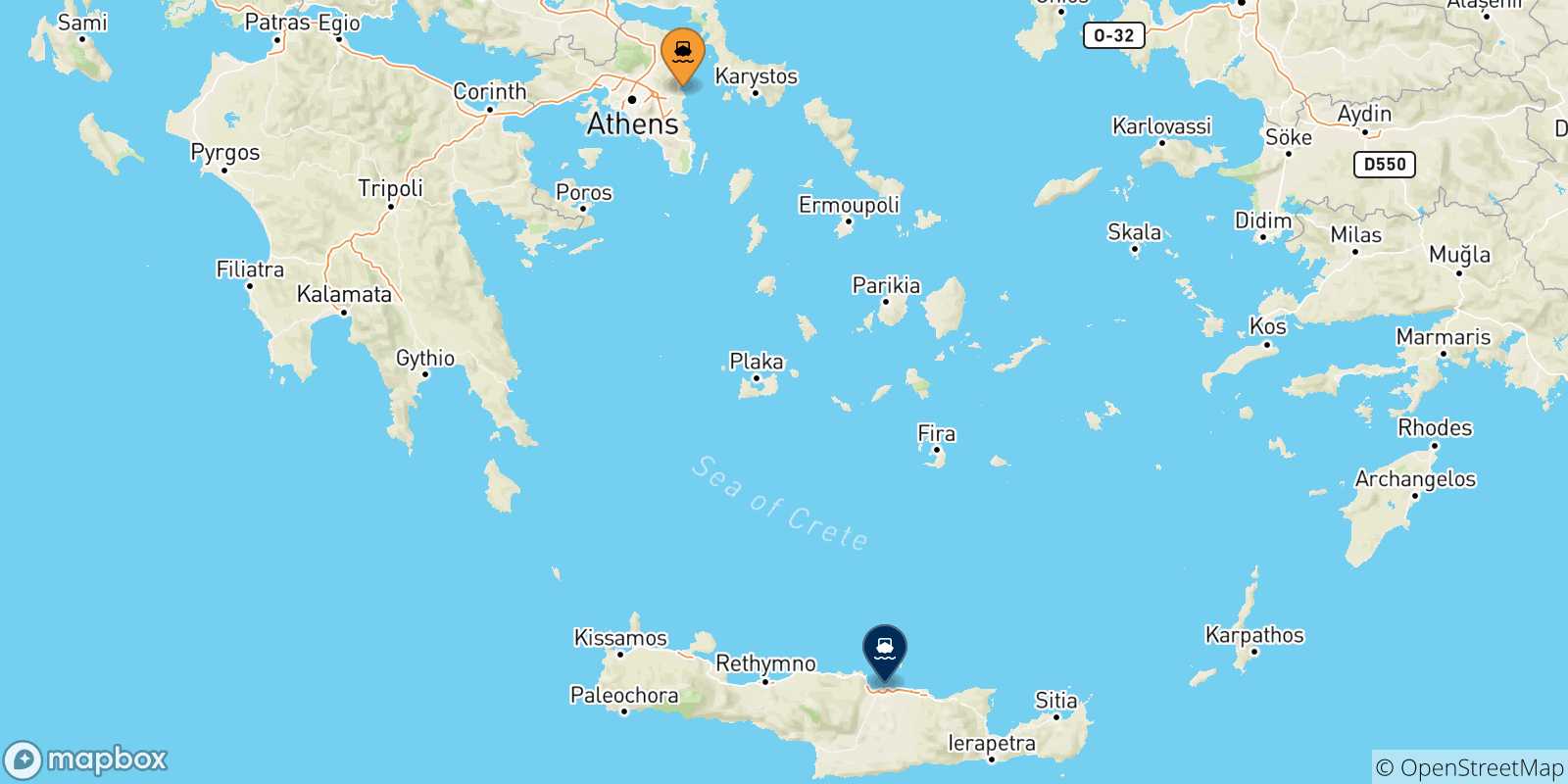 Mappa delle possibili rotte tra Rafina e Creta