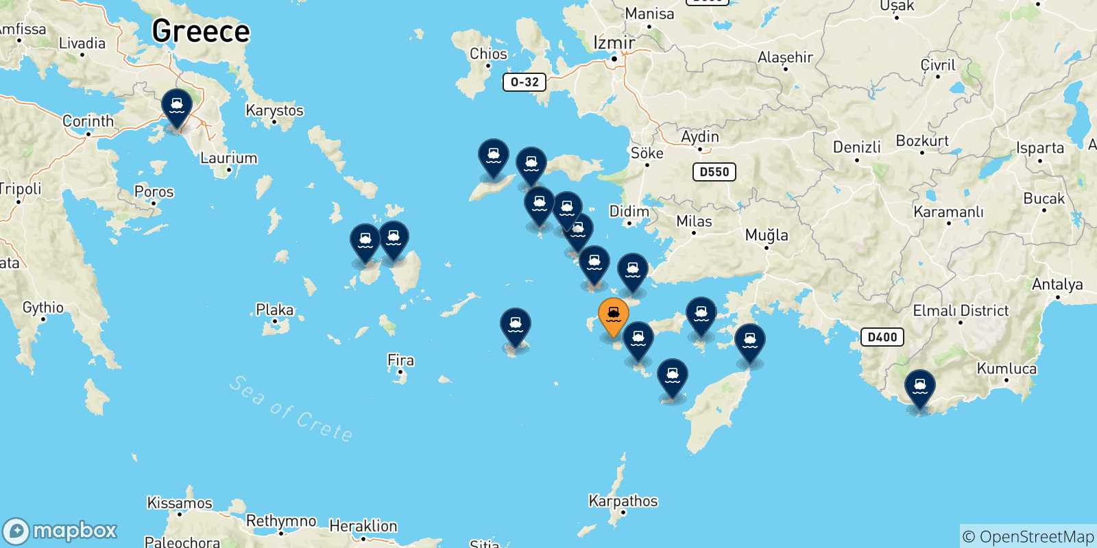 Mappa delle possibili rotte tra Nisyros e la Grecia