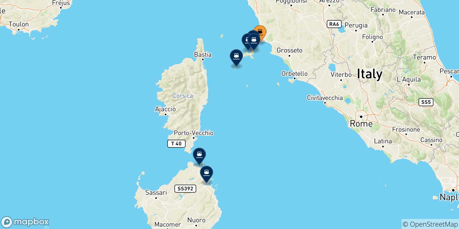 Mappa delle possibili rotte tra Piombino e l'Italia