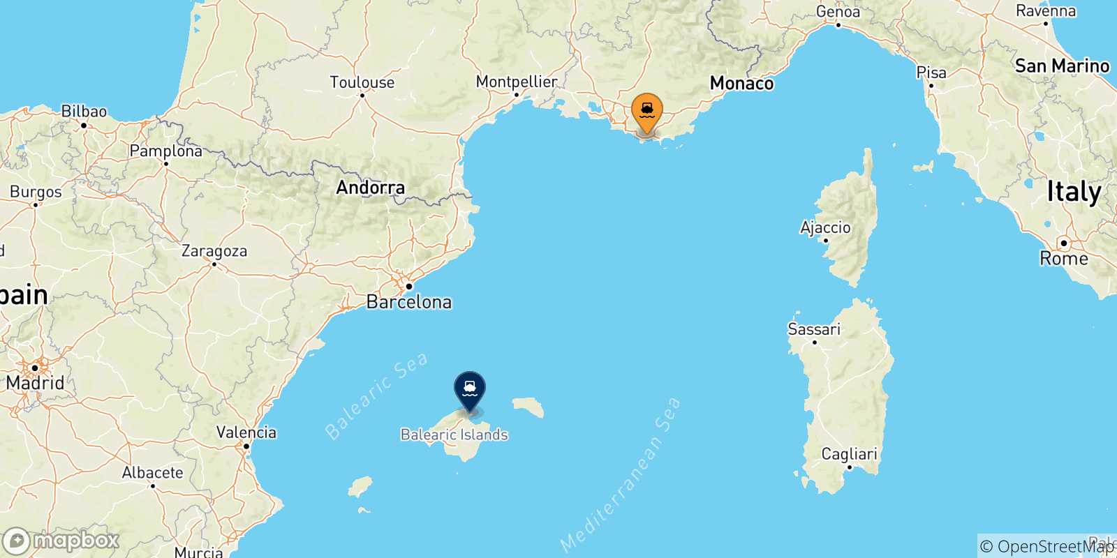 Mappa delle possibili rotte tra la Francia e le Isole Baleari
