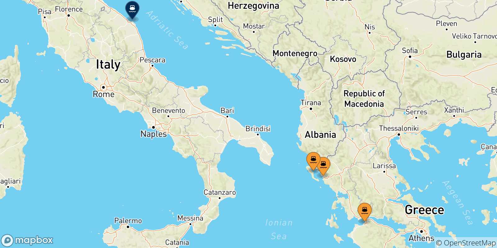 Mappa delle possibili rotte tra la Grecia e Ancona