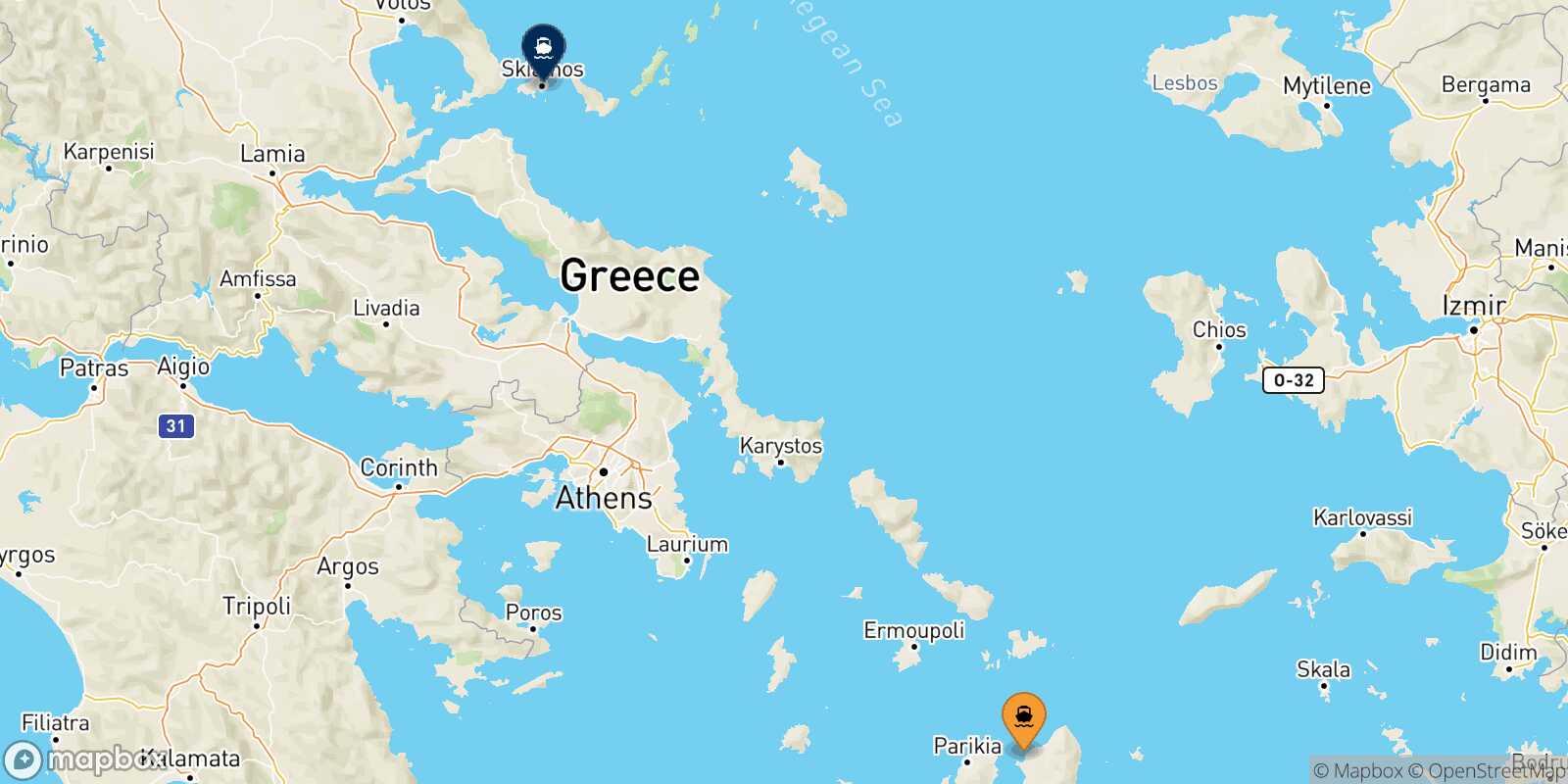 Mappa delle destinazioni raggiungibili da Naxos