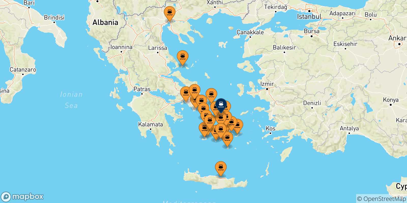 Mappa delle possibili rotte tra la Grecia e Tinos