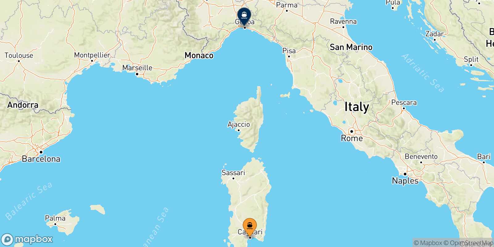 Mappa della rotta Cagliari Genova