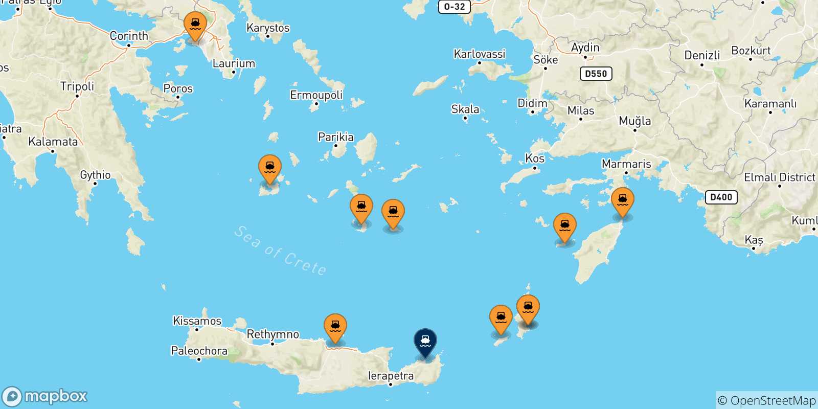 Mappa delle possibili rotte tra la Grecia e Sitia