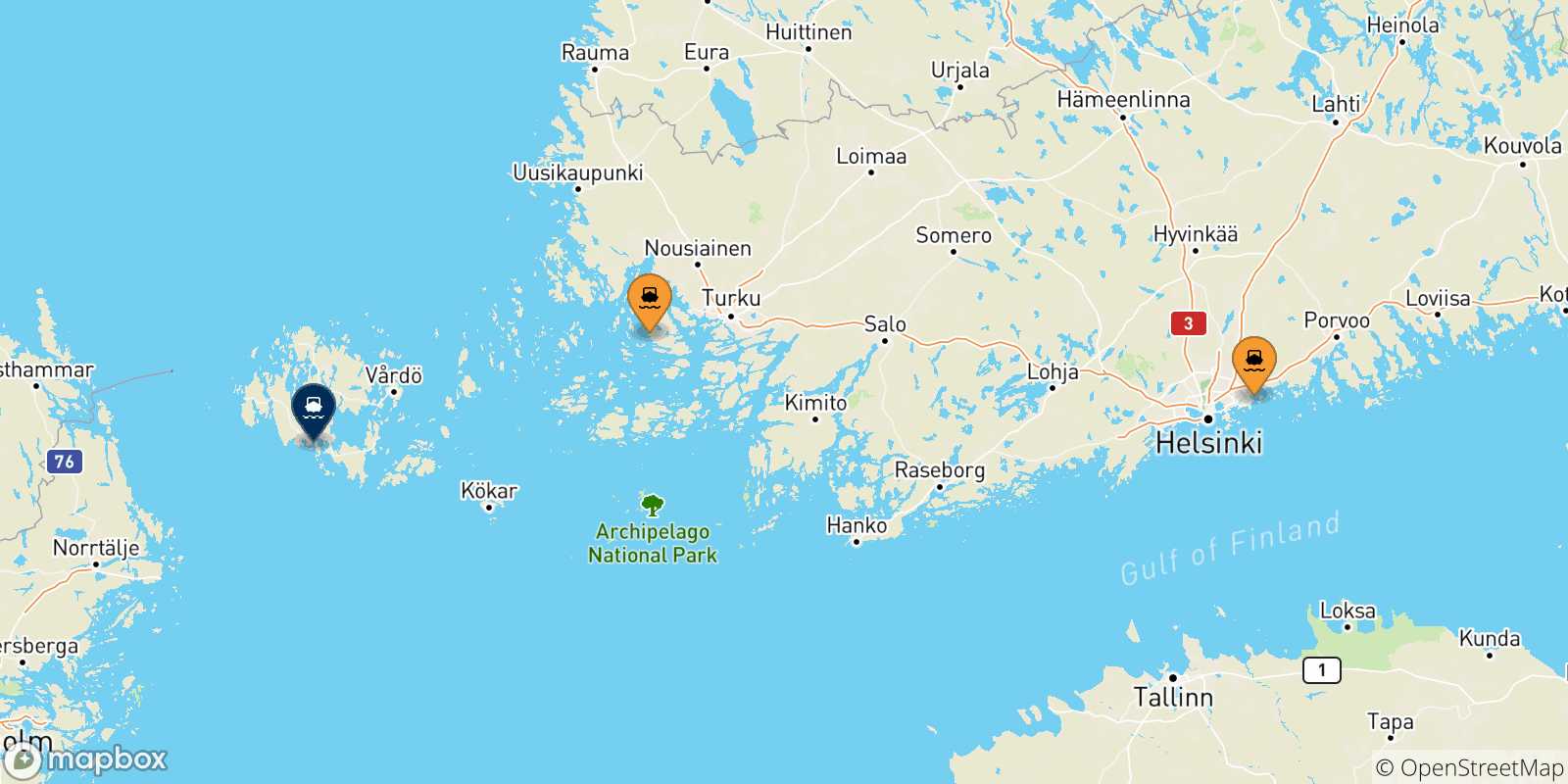 Mappa delle possibili rotte tra la Finlandia e Mariehamn