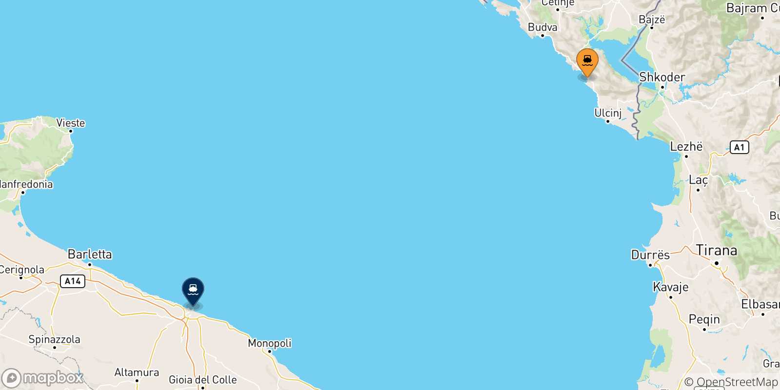 Mappa delle possibili rotte tra Bar e l'Italia