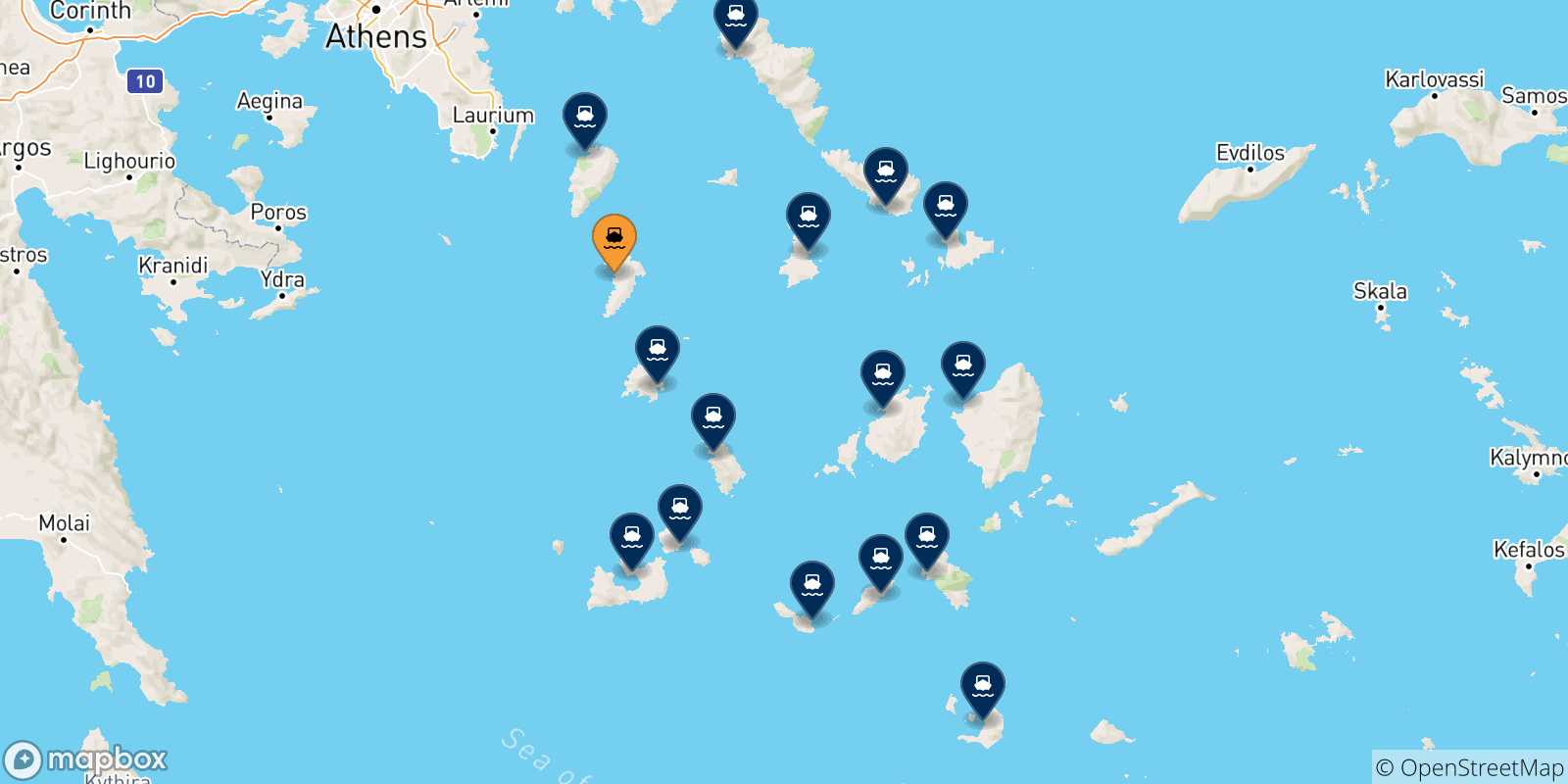 Mappa delle possibili rotte tra Kythnos e le Isole Cicladi