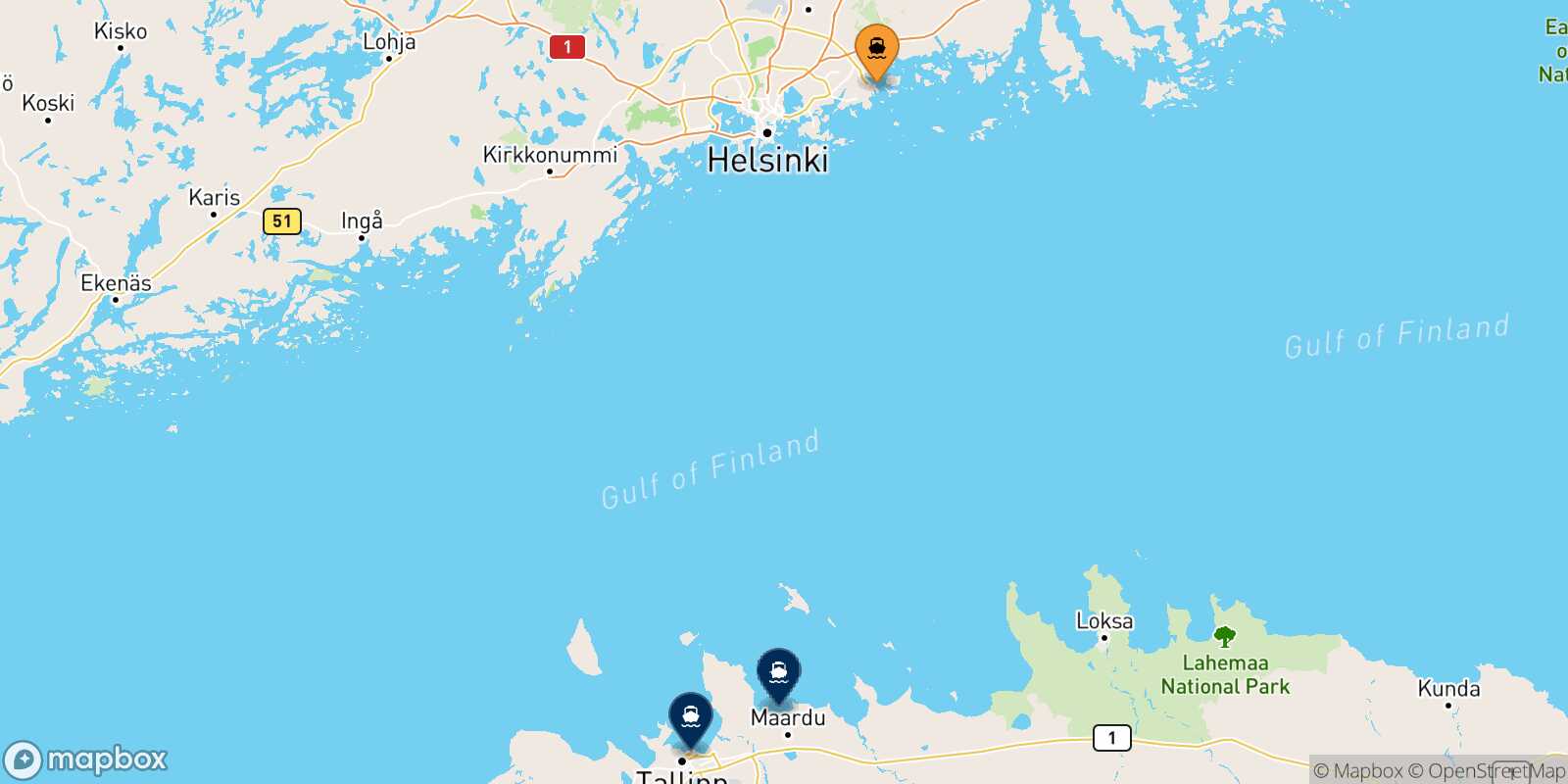 Mappa delle destinazioni raggiungibili da Vuosaari