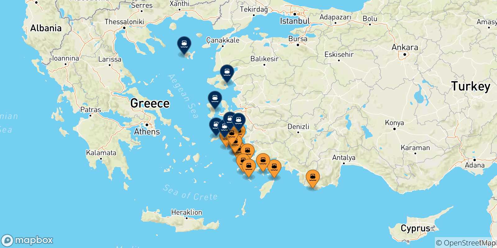 Mappa delle possibili rotte tra le Isole Dodecaneso e le Isole Egeo Nord Orientale