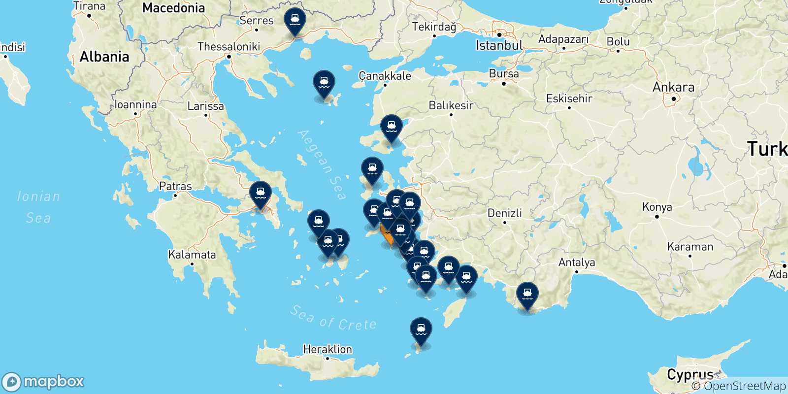 Mappa delle possibili rotte tra Patmos e la Grecia