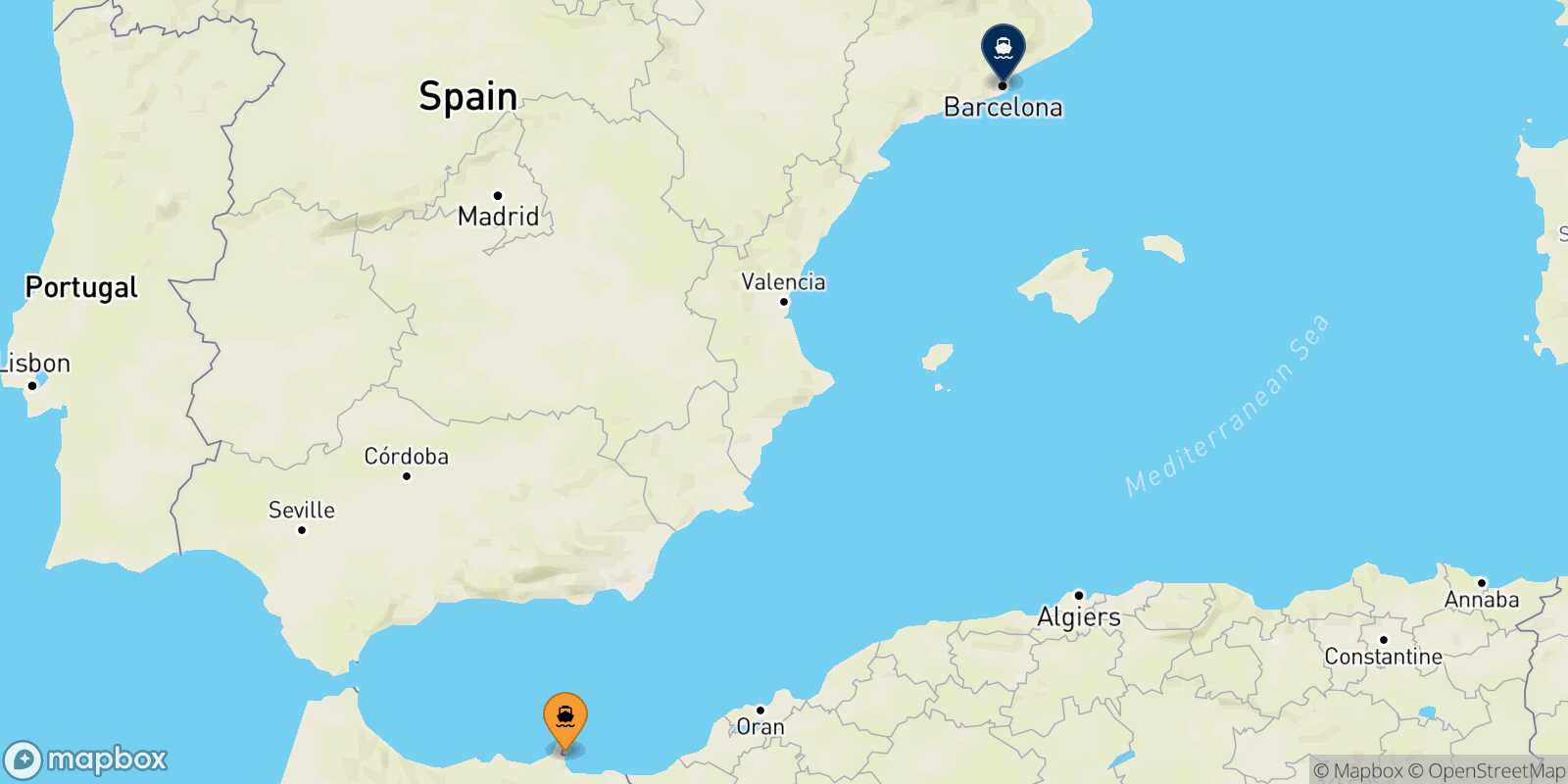 Mappa della rotta Nador Barcellona