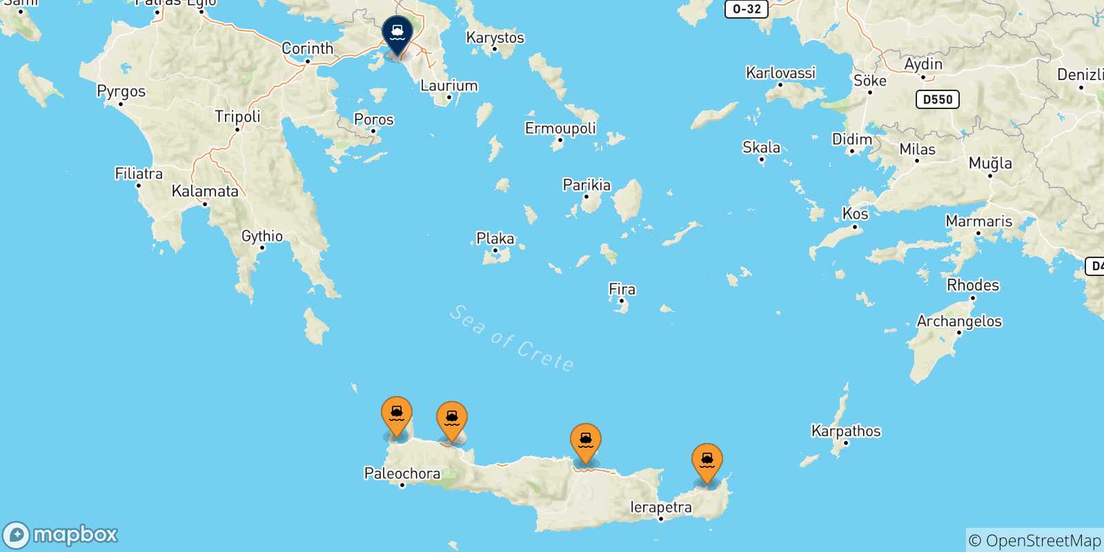Mappa delle possibili rotte tra Creta e Pireo