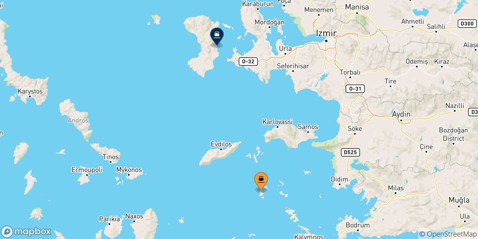 Mappa delle possibili rotte tra le Isole Dodecaneso e Chios