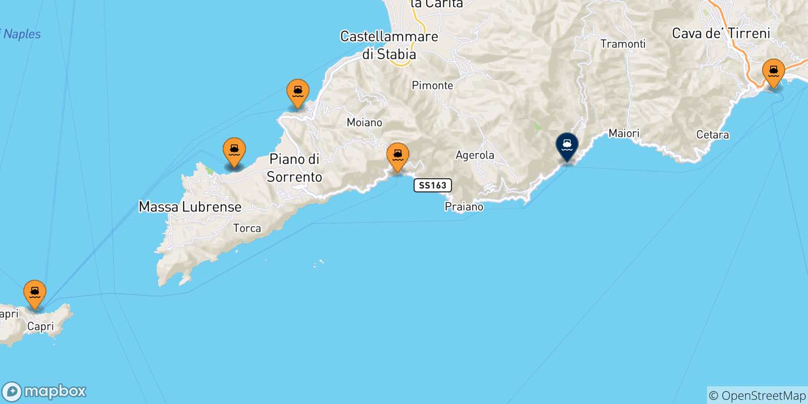 Mappa delle possibili rotte tra l'Italia e Amalfi