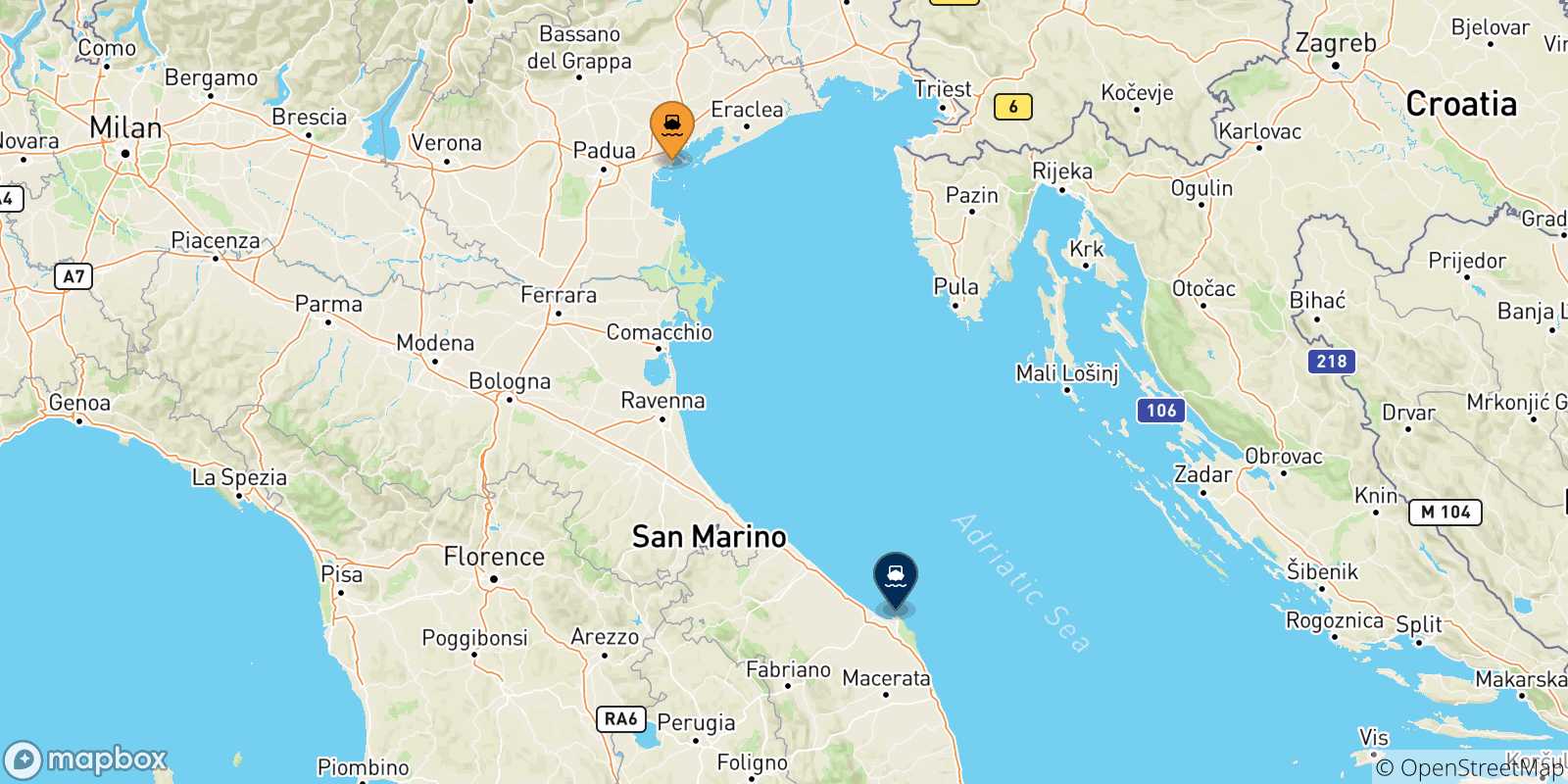 Mappa delle possibili rotte tra Venezia e l'Italia