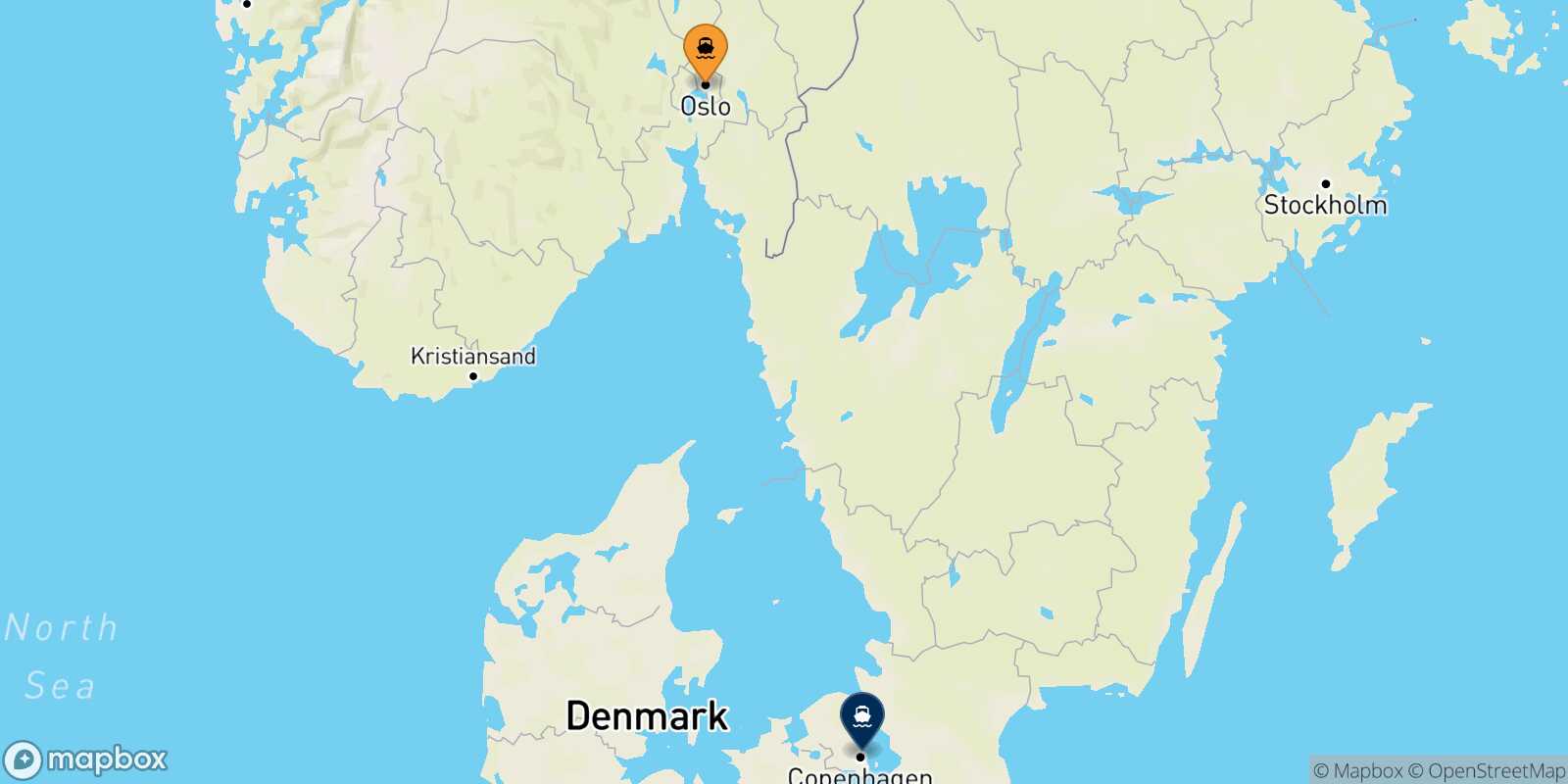 Mappa dei porti collegati con  Copenhagen