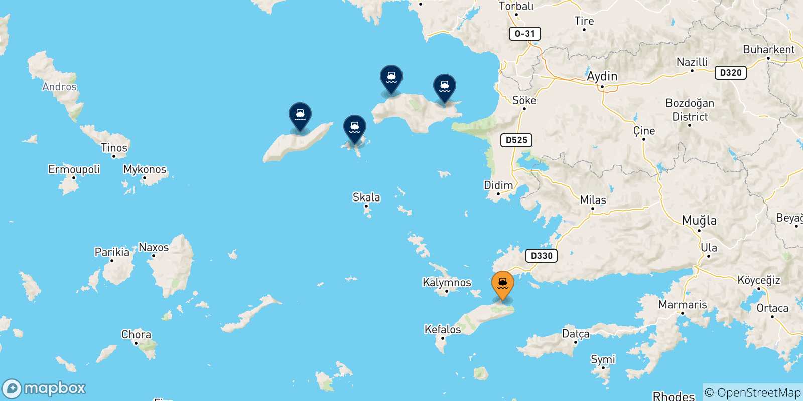 Mappa delle possibili rotte tra Kos e le Isole Egeo Nord Orientale