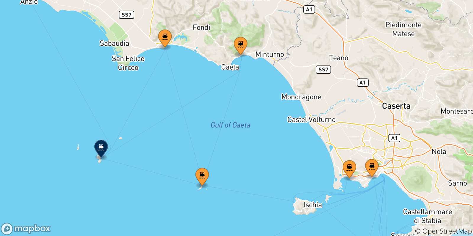 Mappa delle possibili rotte tra l'Italia e Ponza